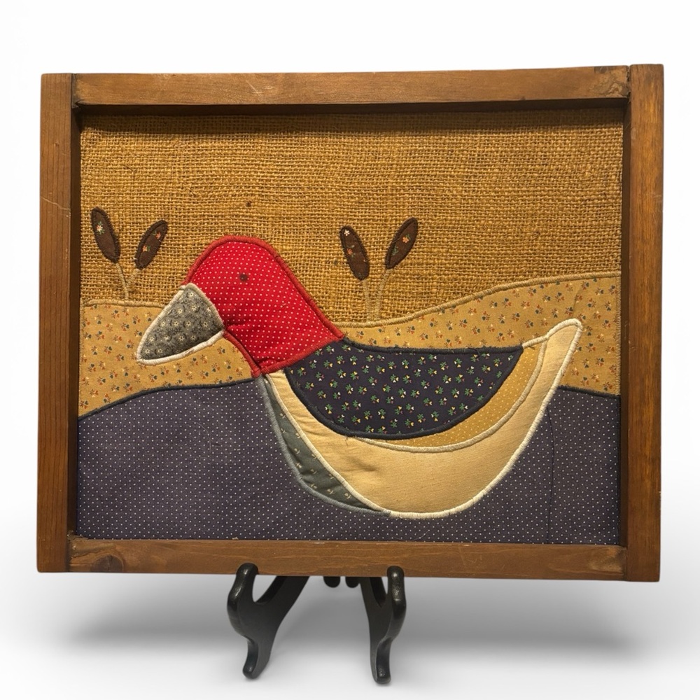 Handmade Vintage Quilted Cloth Duck Framed on Burlap Framed in Wood 12 X 14